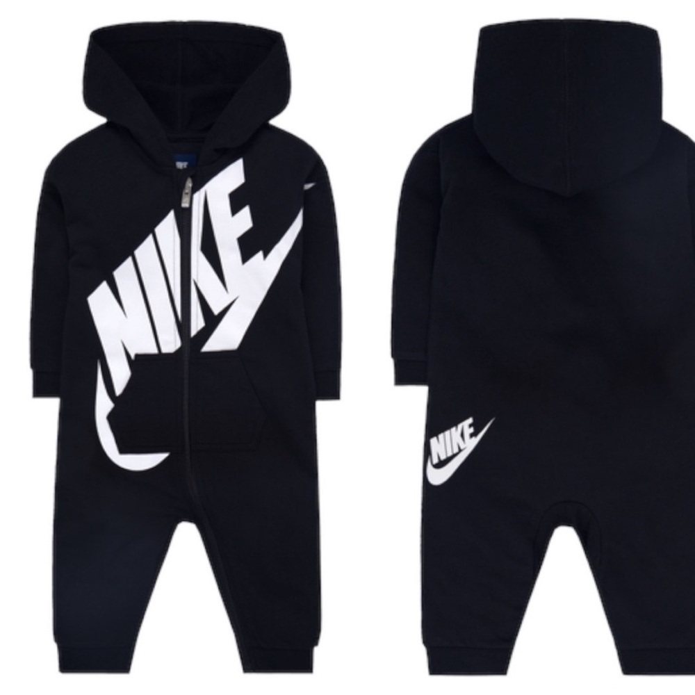 Nike Black Hooded Baby One-Piece Zip Romper With Pocket Size 24 Month